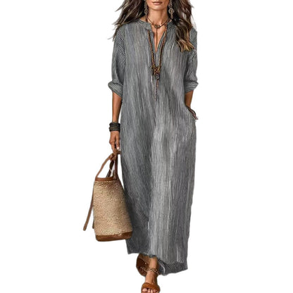 Robe longue texturée froissée à col en V, manches courtes et coupe ample