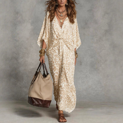 Robe Kaftan Longue Femme Léopard à Nœud sur le Devant - Cache-Maillot Fluide en Mousseline à Col V