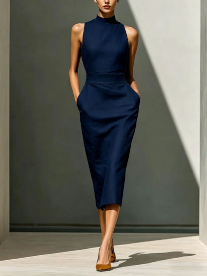 Robe mi-longue élégante sans manches moulante couvrant les hanches pour femme