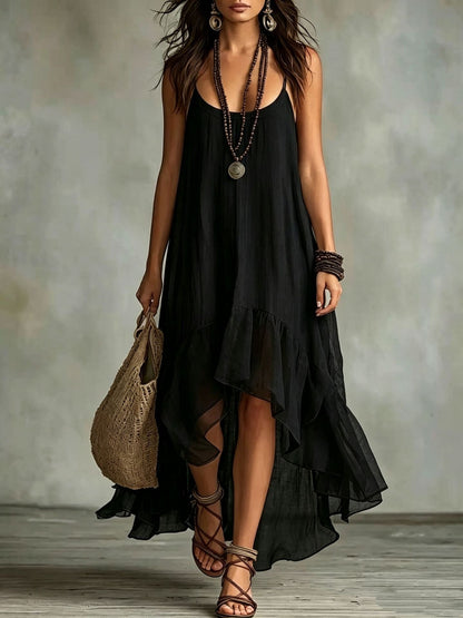 Robe longue sans manches en mousseline avec ourlet à volants irrégulier style bohème