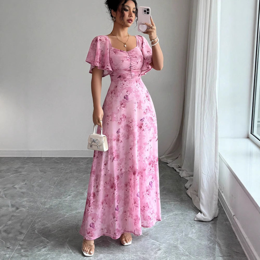 Robe longue à imprimé floral, froncée et à manches papillon fluides