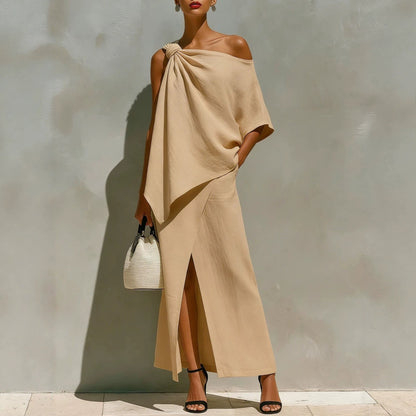 Ensemble deux pièces asymétrique en lin blanc noué