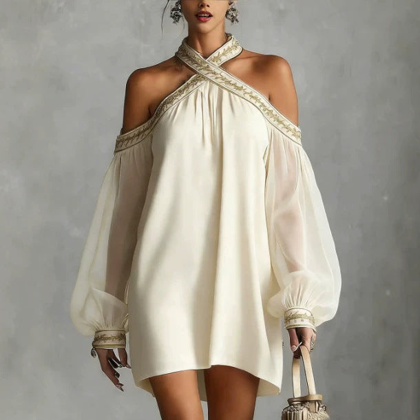 Robe tunique ample à manches longues transparente, avec broderies
