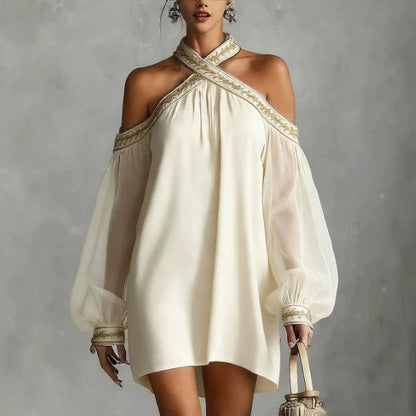 Robe tunique ample à manches longues transparente, avec broderies