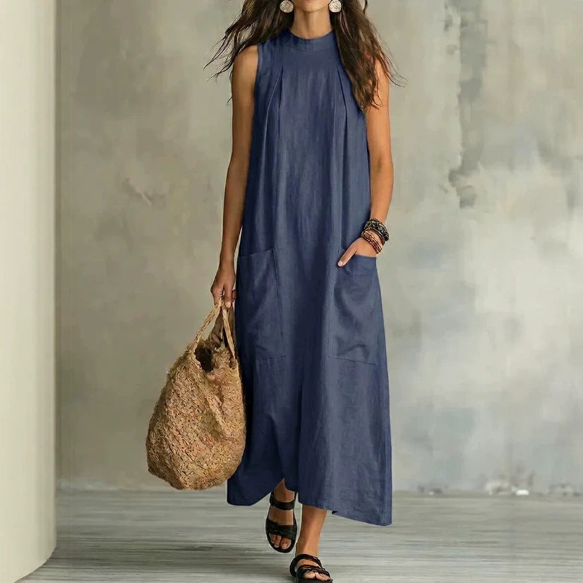 Robe longue sans manches ample en mélange de lin