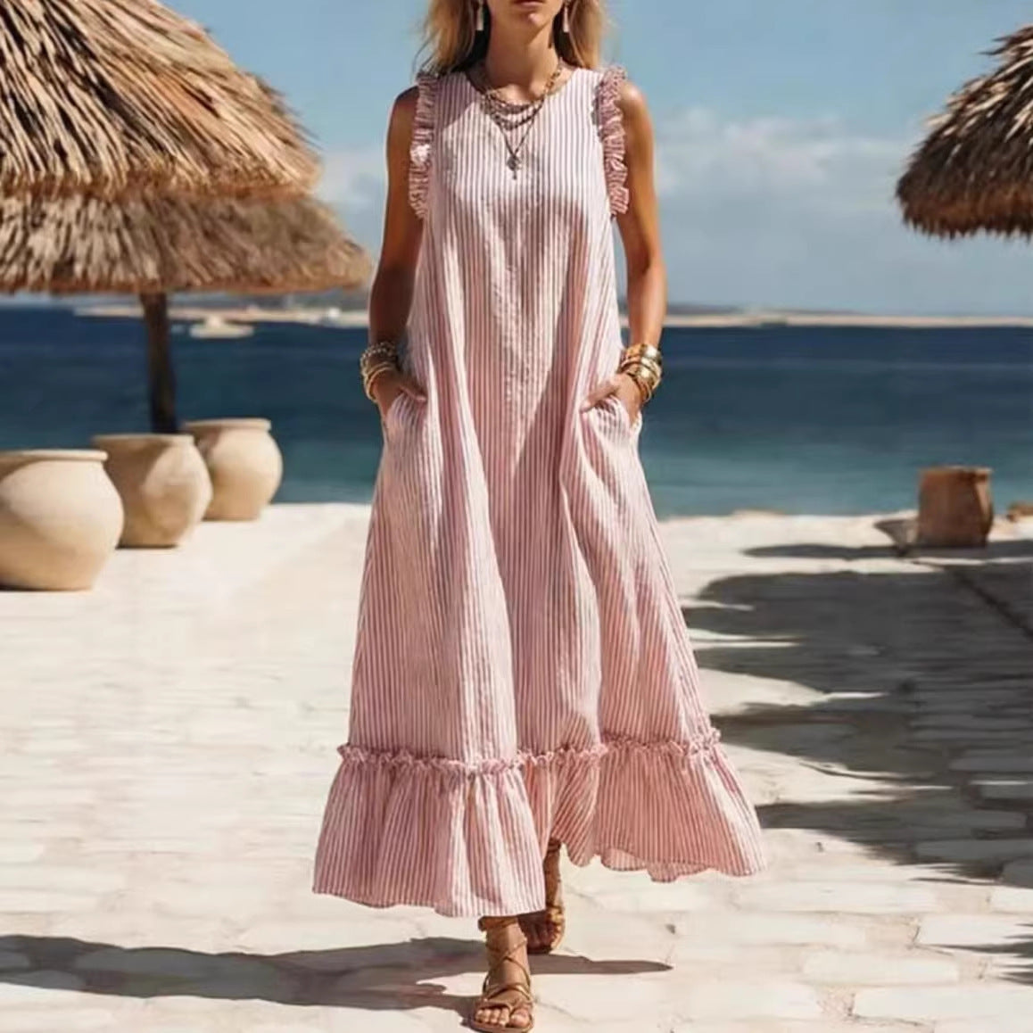 🌊 Robe longue à rayures et volants « Côté mer »