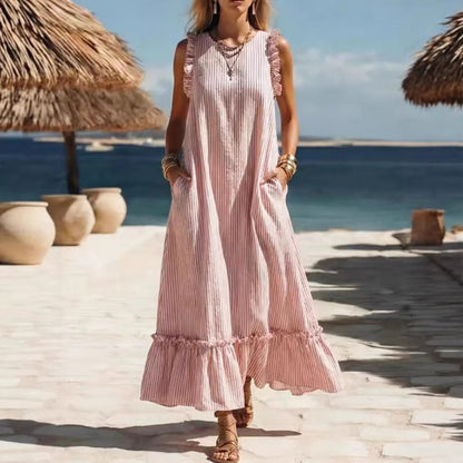 🌊 Robe longue à rayures et volants « Côté mer »