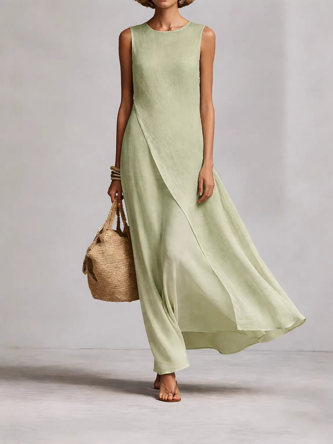 Robe longue asymétrique en lin sans manches