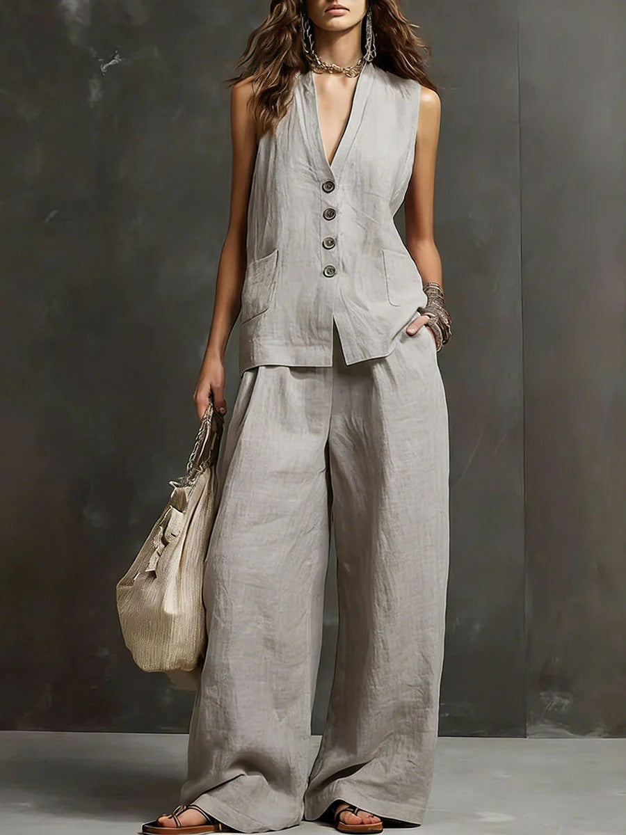 Ensemble gilet sans manches et pantalon large en mélange de lin