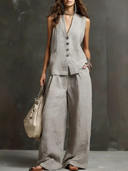 Ensemble gilet sans manches et pantalon large en mélange de lin