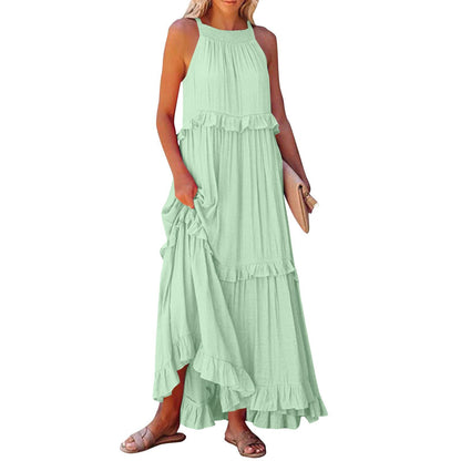 Robe longue fluide à volants et plusieurs niveaux, coupe halter