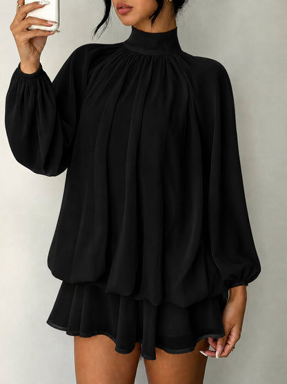 Mock Neck Long Sleeve Skort Dress Women Solid Ruffle Layer Hem Loose Casual Mini Dress - Black / XS