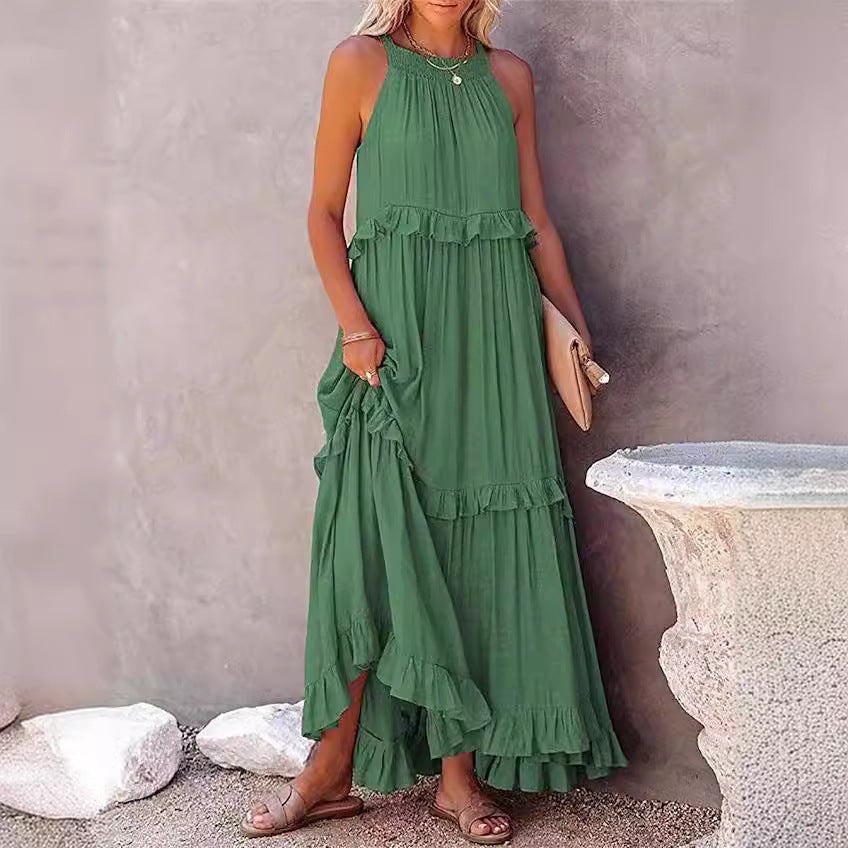 Robe longue fluide à volants et plusieurs niveaux, coupe halter