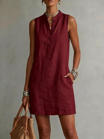 Mini-robe sans manches boutonnée en lin