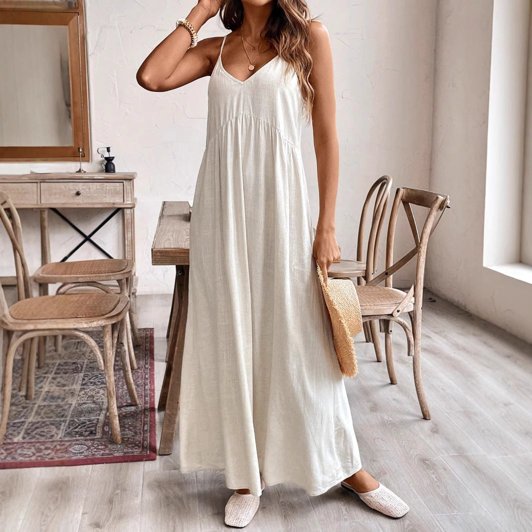 Robe longue midi sans manches en lin ample décontractée