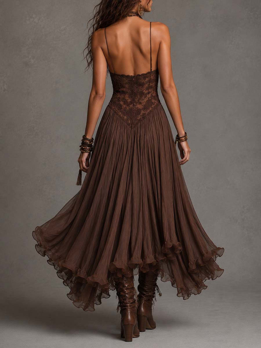 Lace Corset Tiered Ruffle Maxi Dress
