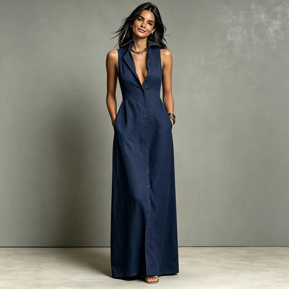 Robe chemise longue sans manches croisée et col en lin mélangé minimaliste pour femme