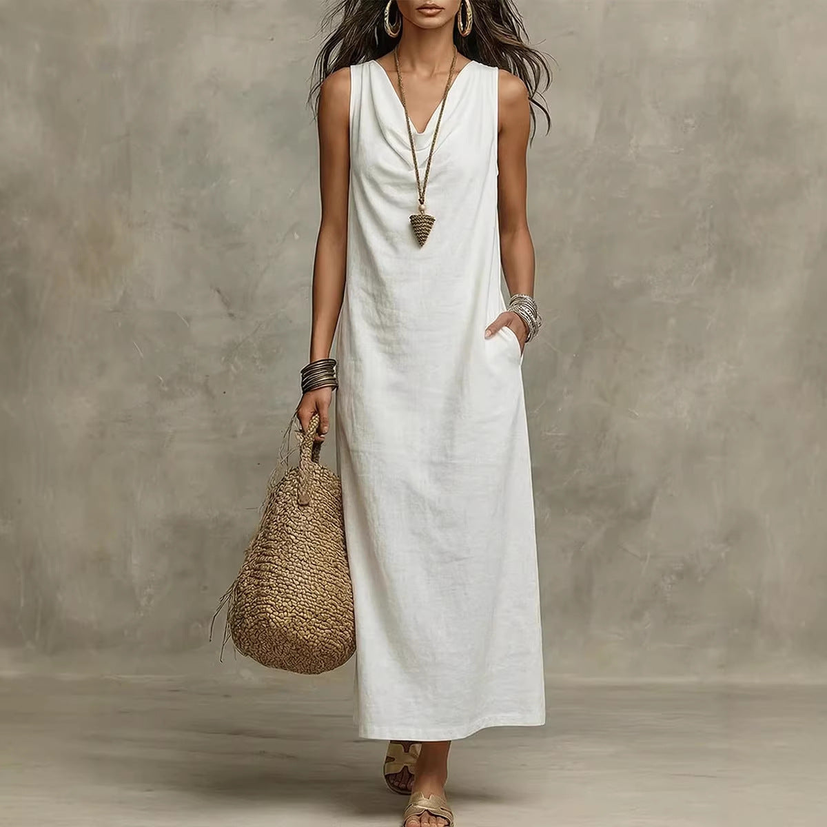 🌟 Robe longue en lin sans manches : le style bohème-chic sans effort pour toutes les occasions