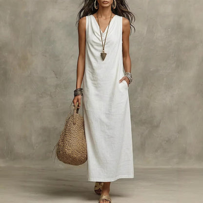 🌟 Robe longue en lin sans manches : le style bohème-chic sans effort pour toutes les occasions