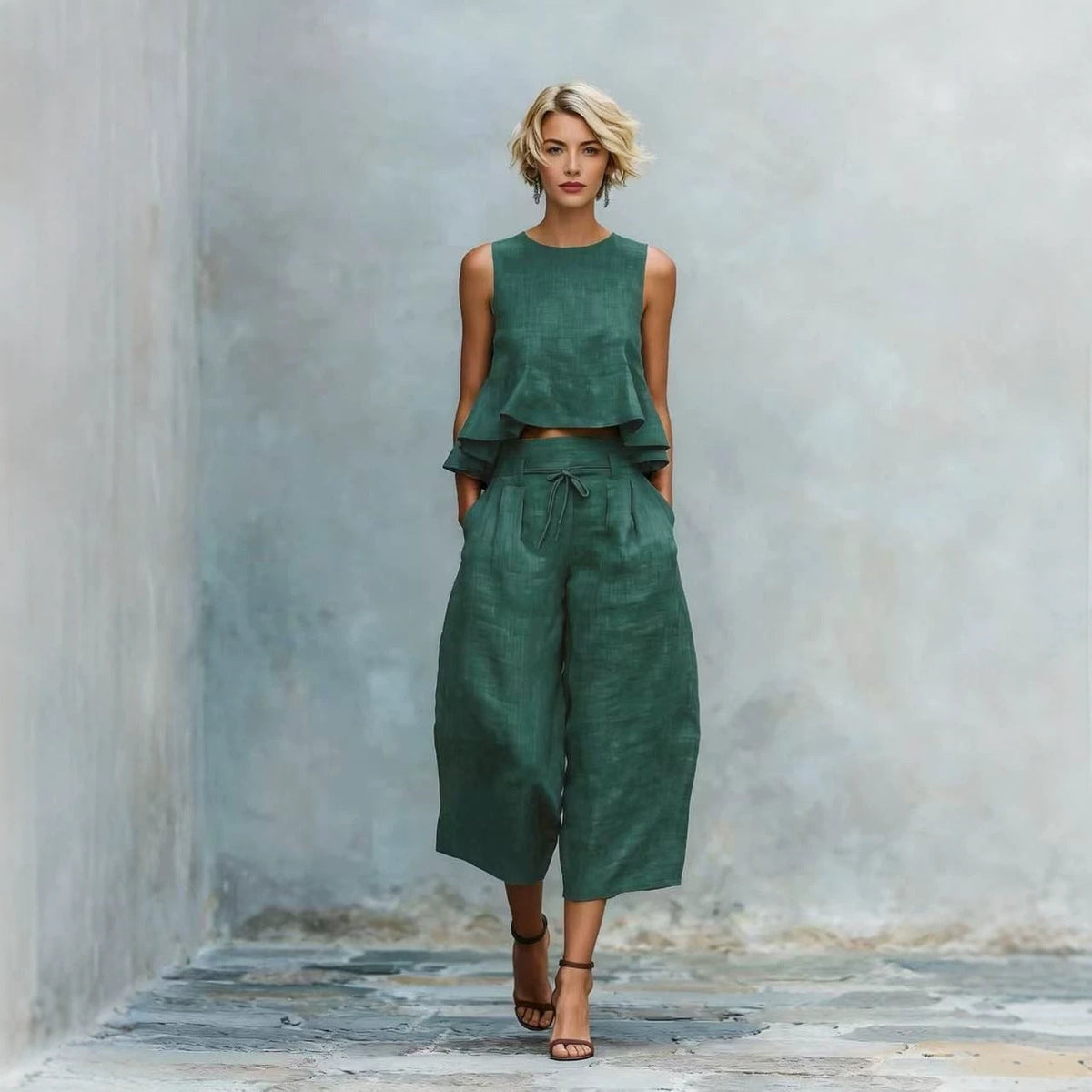 Ensemble deux pièces caraco court à volants en lin et pantalon culotte taille nouée