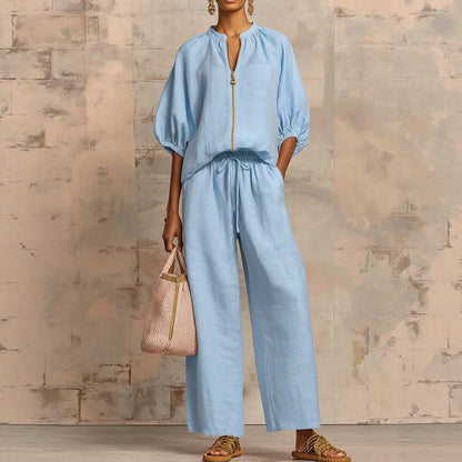 New arrival🔥 Two-piece linen and cotton set: stylish and comfortable zipped shirt and wide-leg trousers