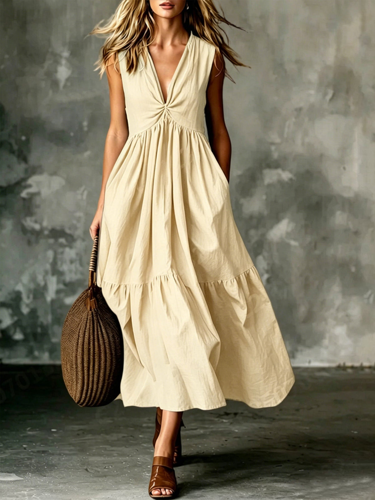 Robe longue texturée ample sans manches à col en V et devant torsadé avec poches