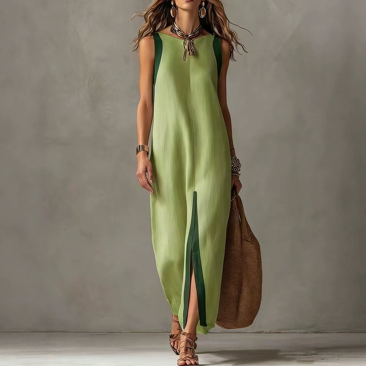 Robe midi droite sans manches bicolore à blocs de couleur