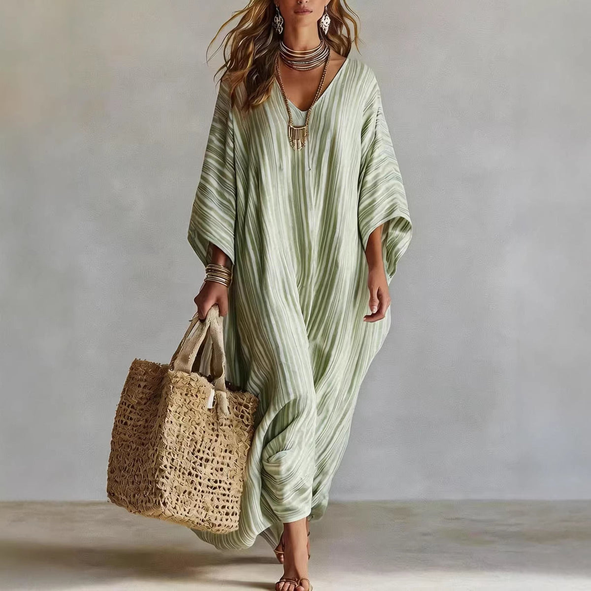 Robe longue kaftan rayée légère en mélange de lin pour femme – Paréo de plage oversize col en V