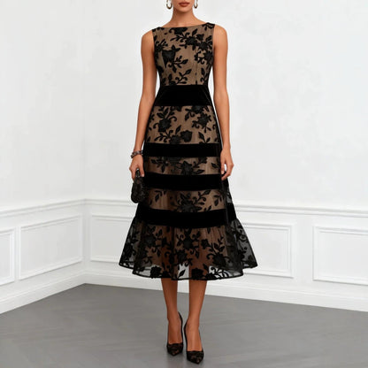 Robe midi sans manches en velours, dentelle florale noire et maille couleur chair