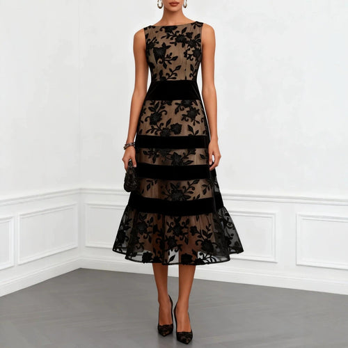 Robe midi sans manches en velours, dentelle florale noire et maille couleur chair