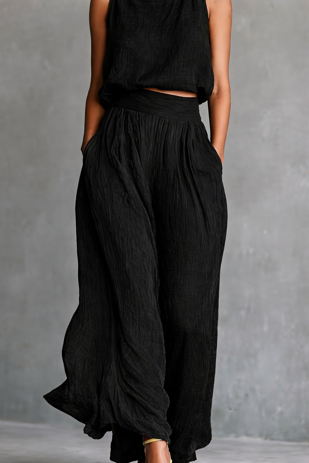 Ensemble assorti en lin texturé Chartreuse, débardeur sans manches et pantalon ample taille haute