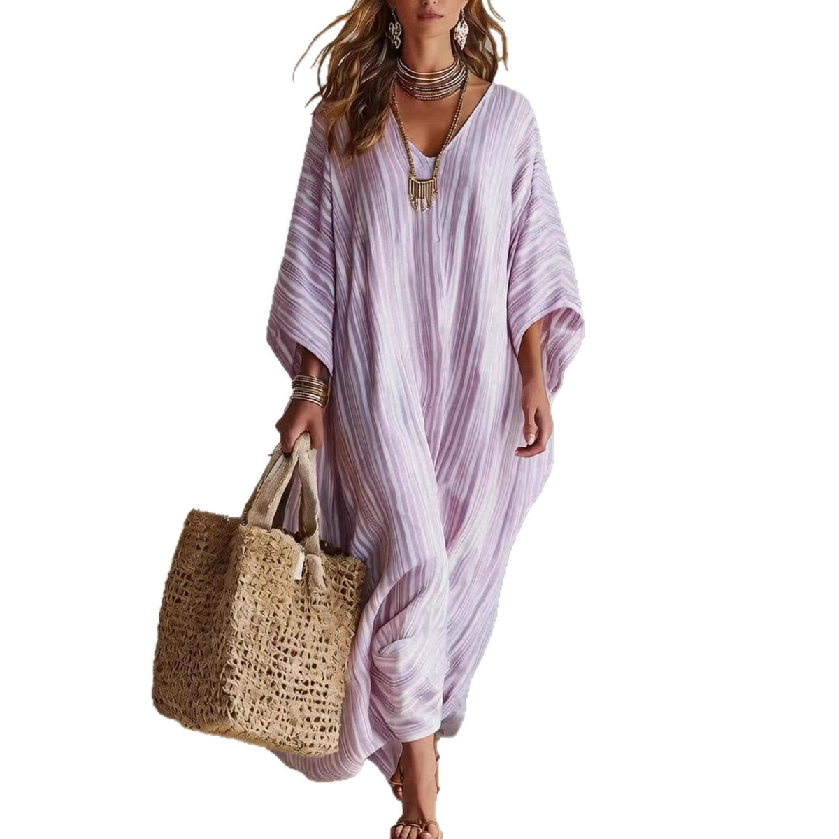 Robe longue kaftan rayée légère en mélange de lin pour femme – Paréo de plage oversize col en V