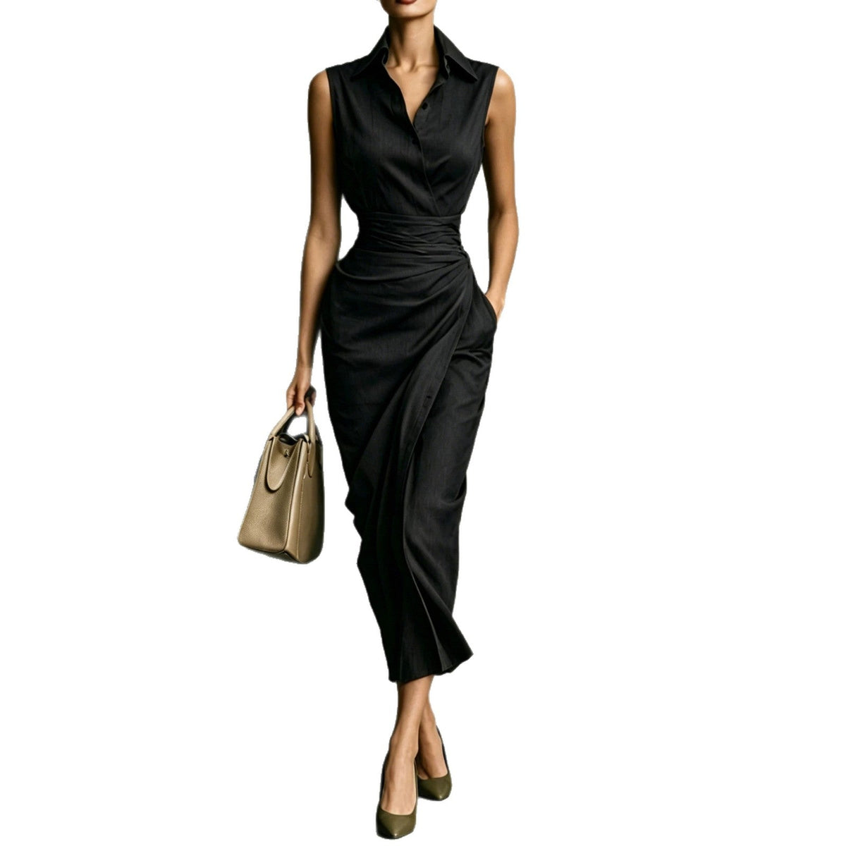 Robe cache-cœur mi-longue sans manches bordeaux pour femme - Élégance pour le bureau et les soirées