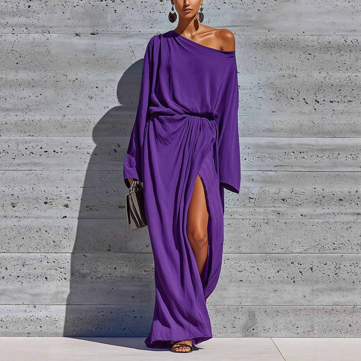 Robe longue fendue portefeuille chauve-souris à épaules dénudées violet vif