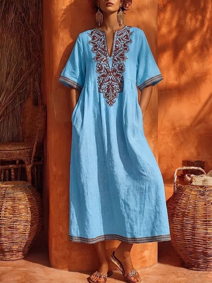 Robe Kaftan Midi à Broderies Florales en Lin, Col en V, Manches Courtes