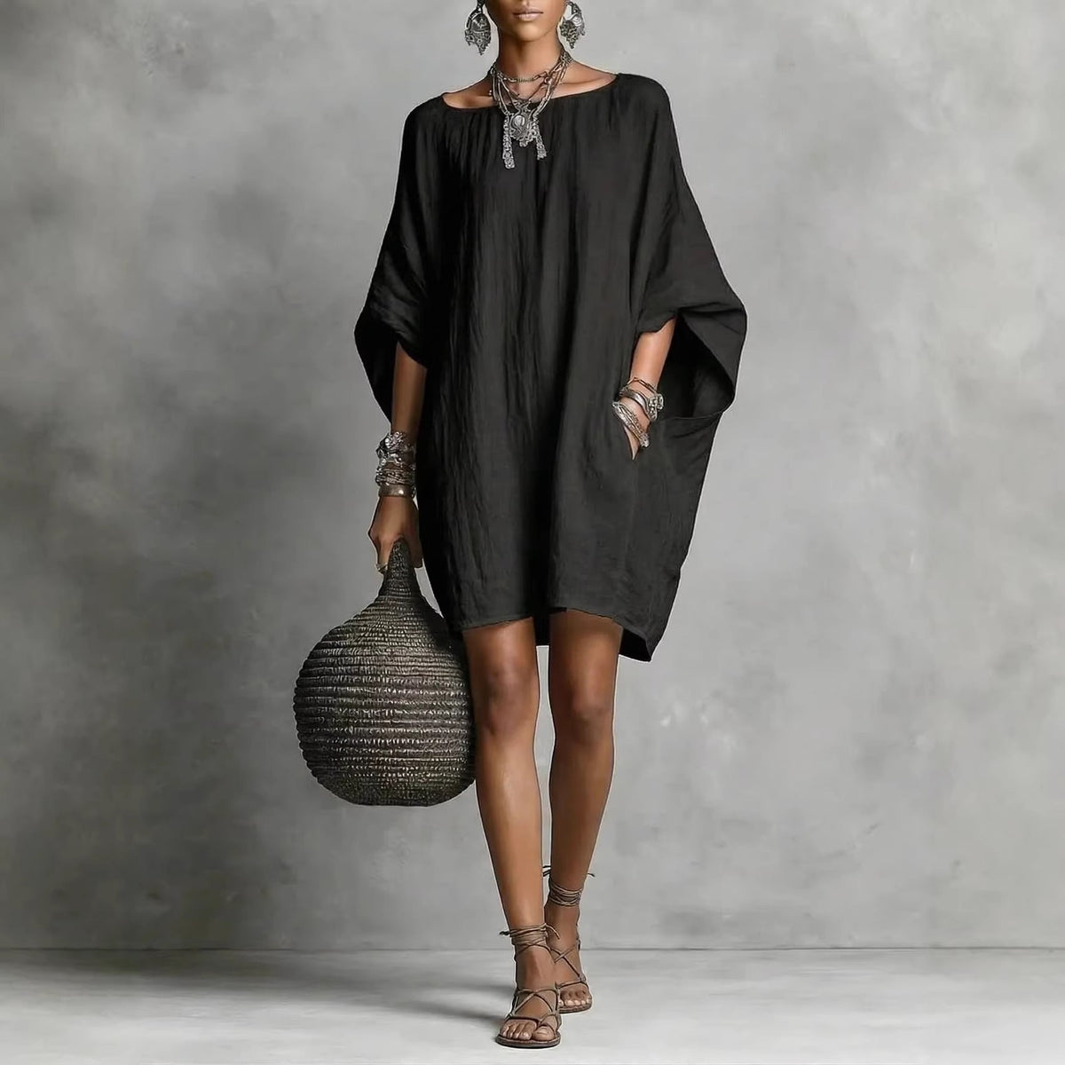 Robe décontractée femme en coton-lin, couleur unie, col rond, manches 3/4, coupe ample
