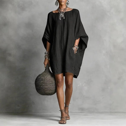 Robe décontractée femme en coton-lin, couleur unie, col rond, manches 3/4, coupe ample