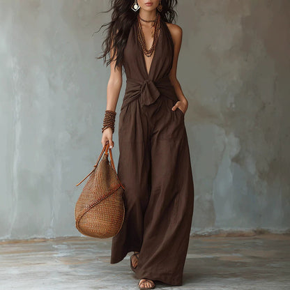 Combinaison pantalon dos nu large marron terre