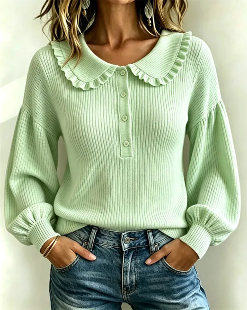 Pull en tricot côtelé à col volanté pour femme
