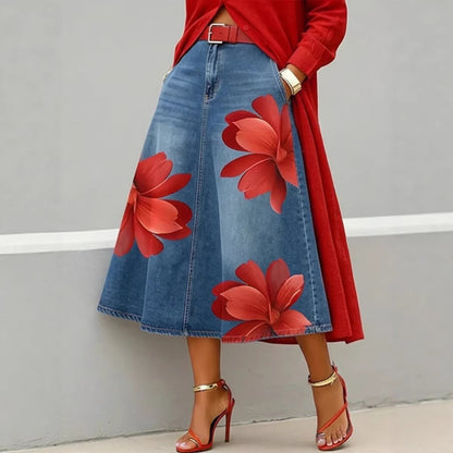 Jupe midi en jean à imprimé floral