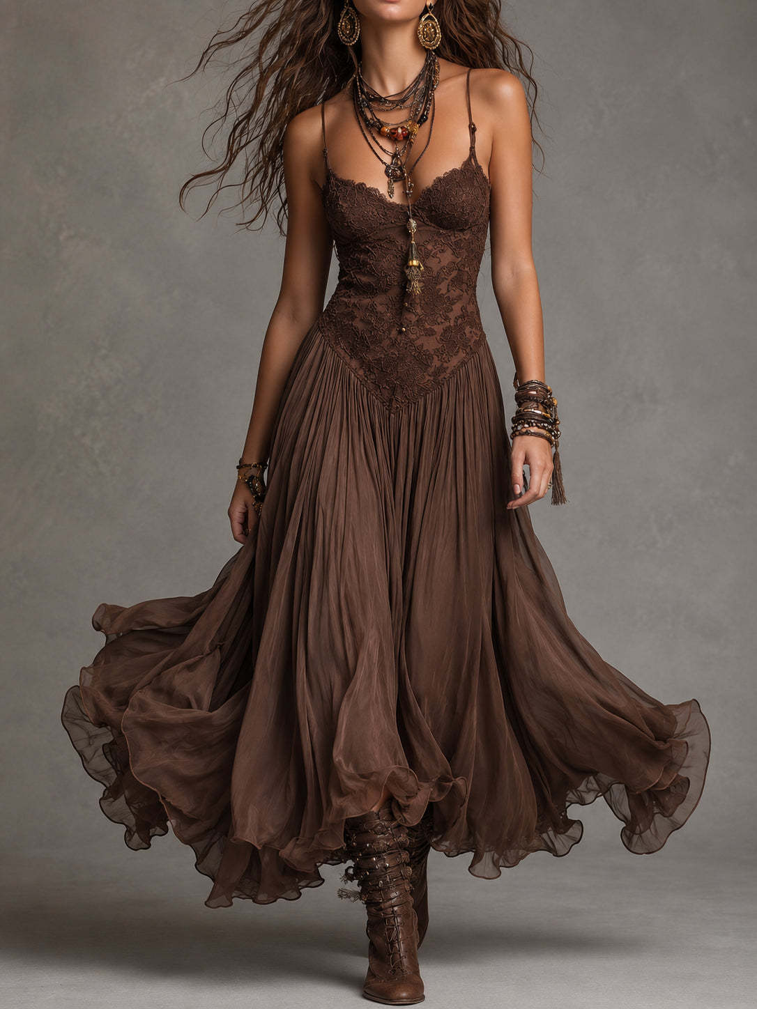 Lace Corset Tiered Ruffle Maxi Dress