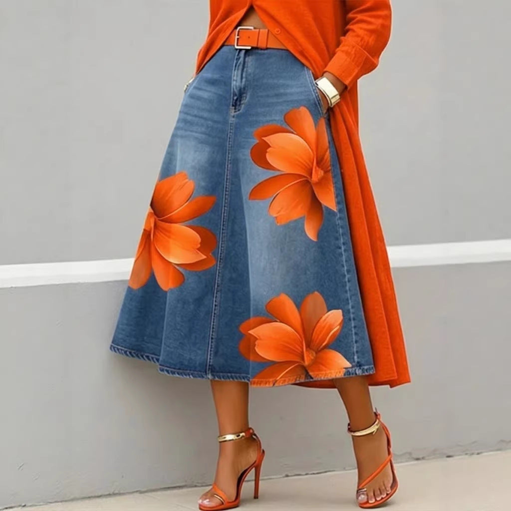 Jupe midi en jean à imprimé floral
