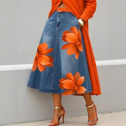 Jupe midi en jean à imprimé floral