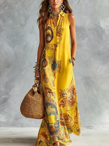 Robe chemise longue sans manches à imprimé baroque vintage