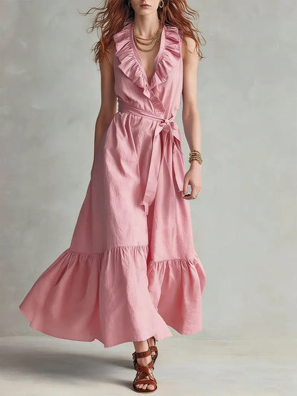 🌿 Robe longue portefeuille à volants et col en V