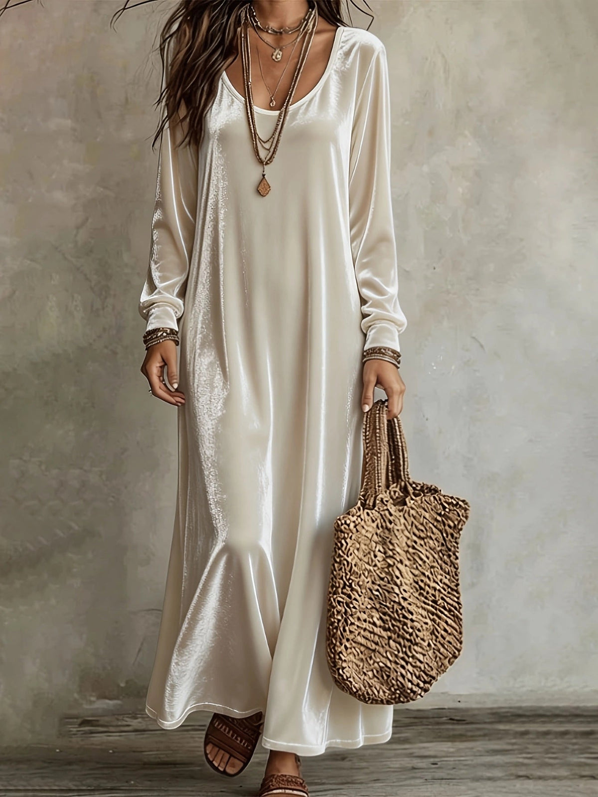 Robe longue en velours à manches longues