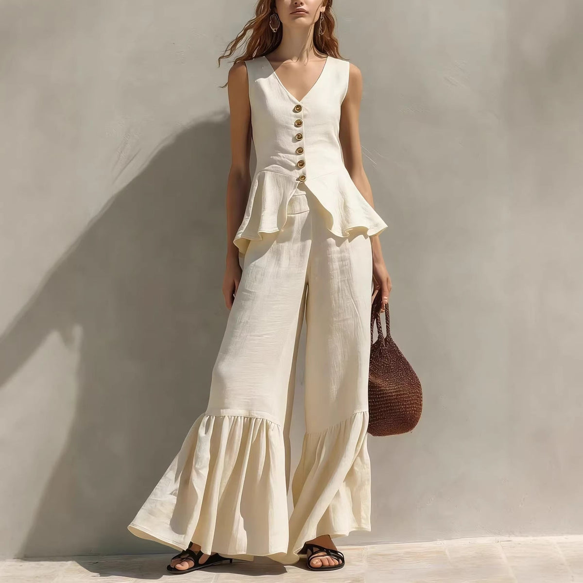 Ensemble haut péplum et pantalon large à volants en mélange de lin moutarde