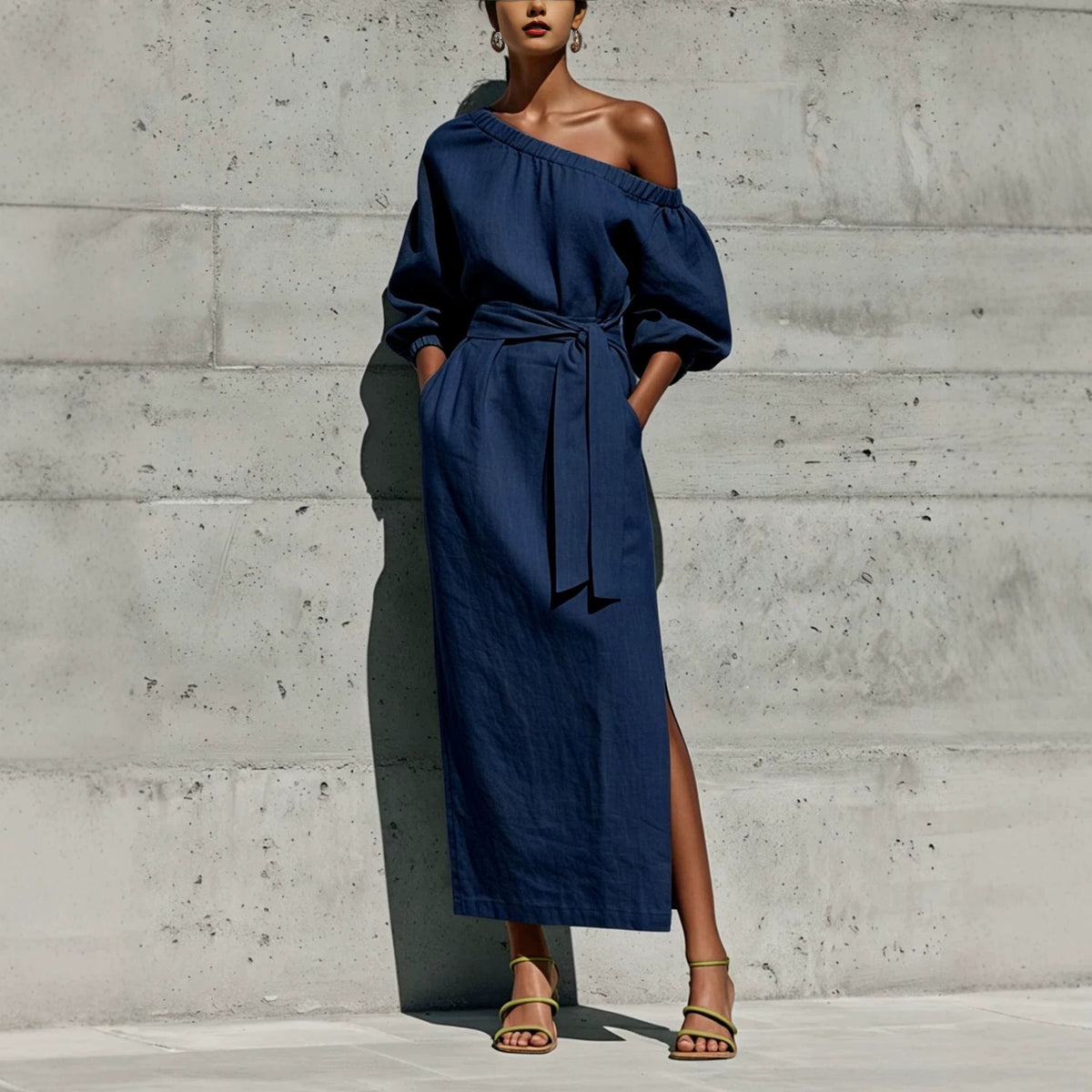 Robe Midi en Lin à Une Épaule Manches Bouffantes Taille Nouée et Fente Latérale