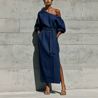 Robe Midi en Lin à Une Épaule Manches Bouffantes Taille Nouée et Fente Latérale