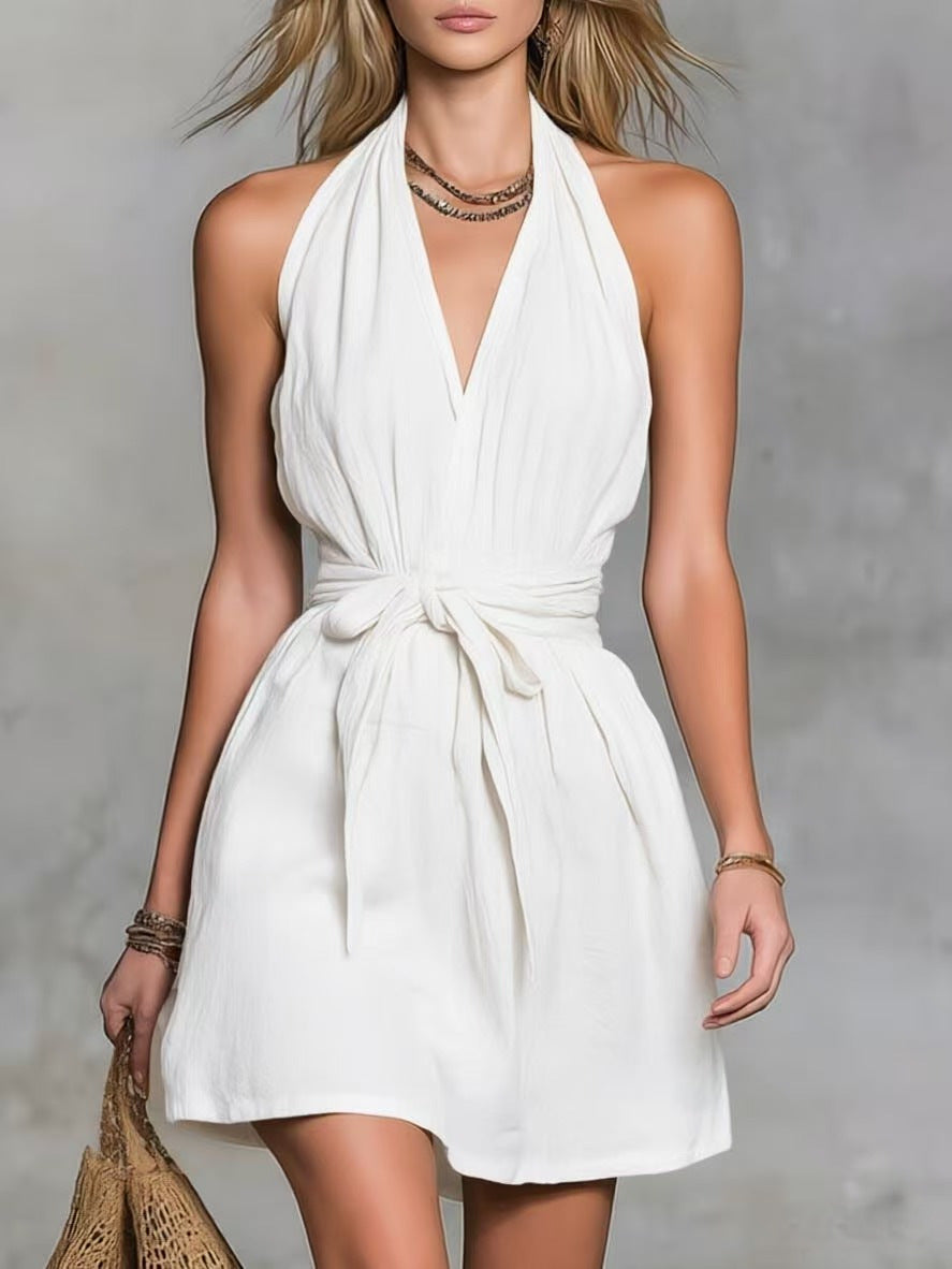 Robe décontractée pour femme avec col licou, col en V et taille nouée, idéale pour les vacances
